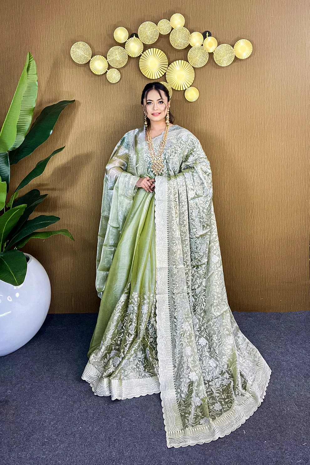 Mint Green Silver Grace – Premium High Grade Stone Saree ✨
